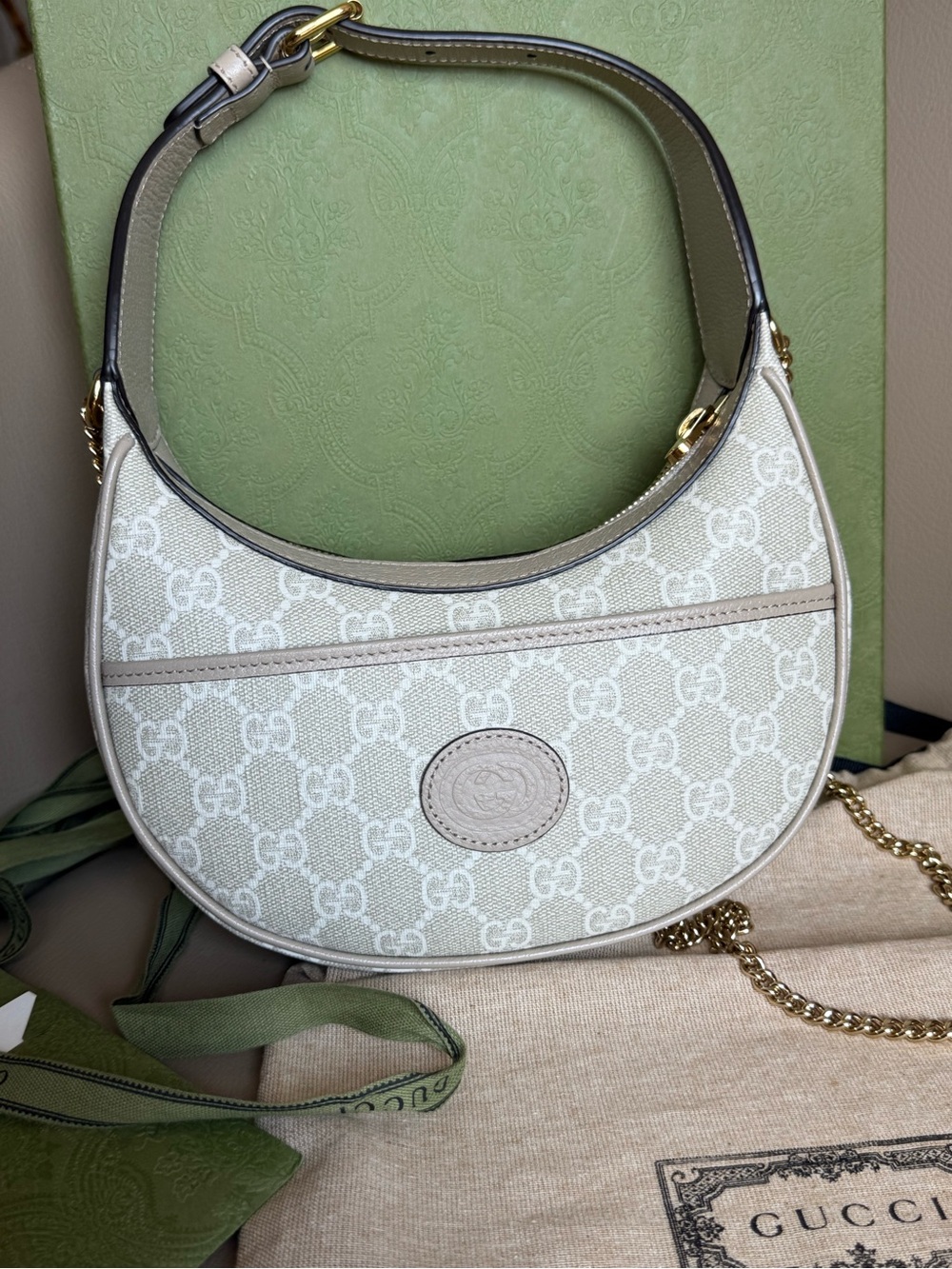 Gucci Blondie Mini Half Moon Shoulder Bag White GG Supreme Gold Chain Authentic